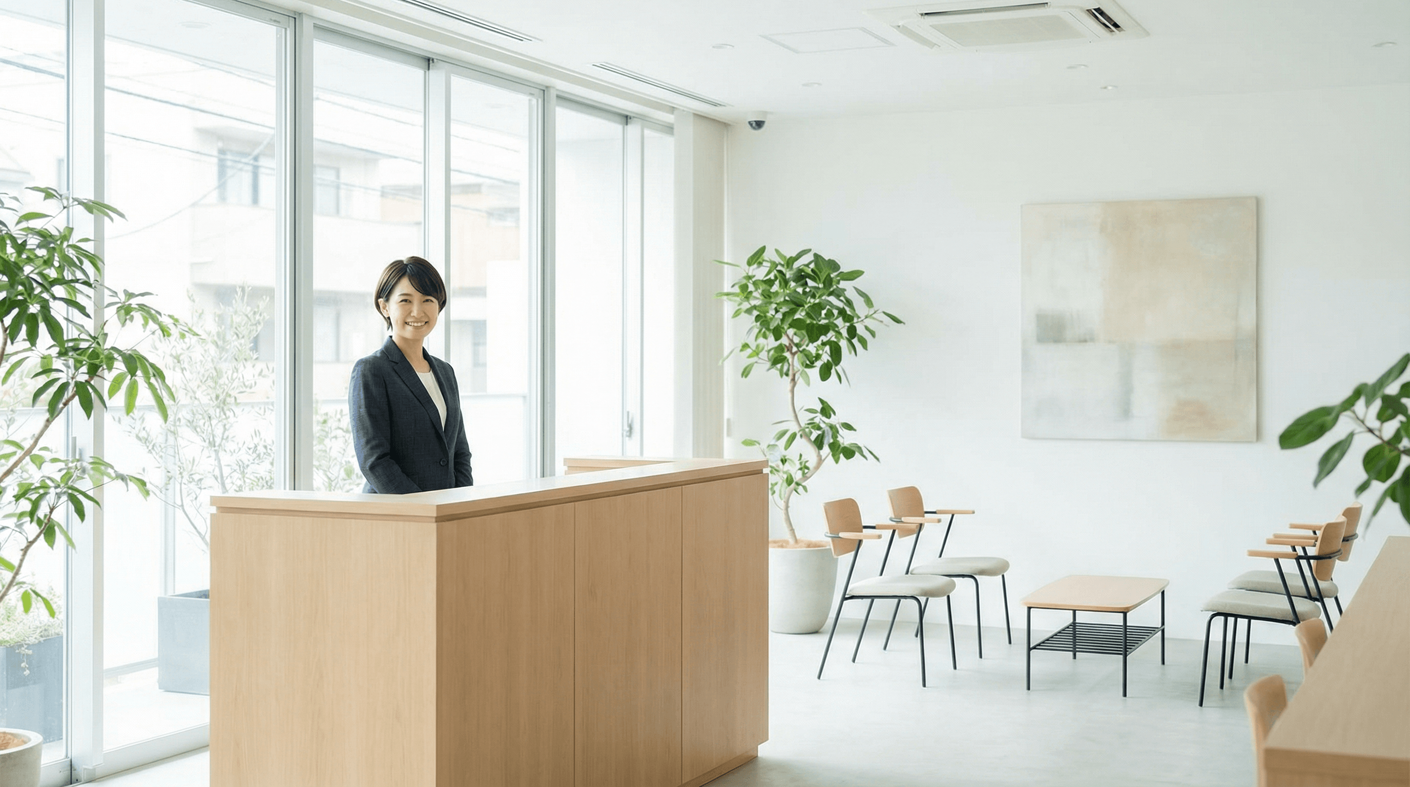 明るく清潔感のある不動産会社の受付カウンター。